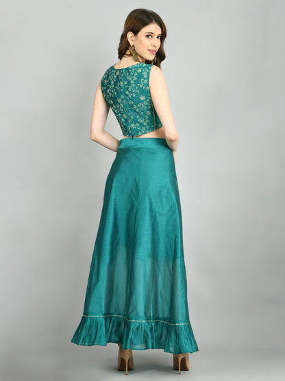 Women's Green Chanderi Printed Sleeveless Round Neck Casual Blouse Lehenga Dupatta Set