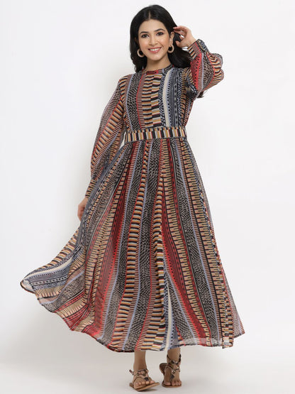 Women's Alphin Chiffon Printed Flared Dress with Waist Tie-up