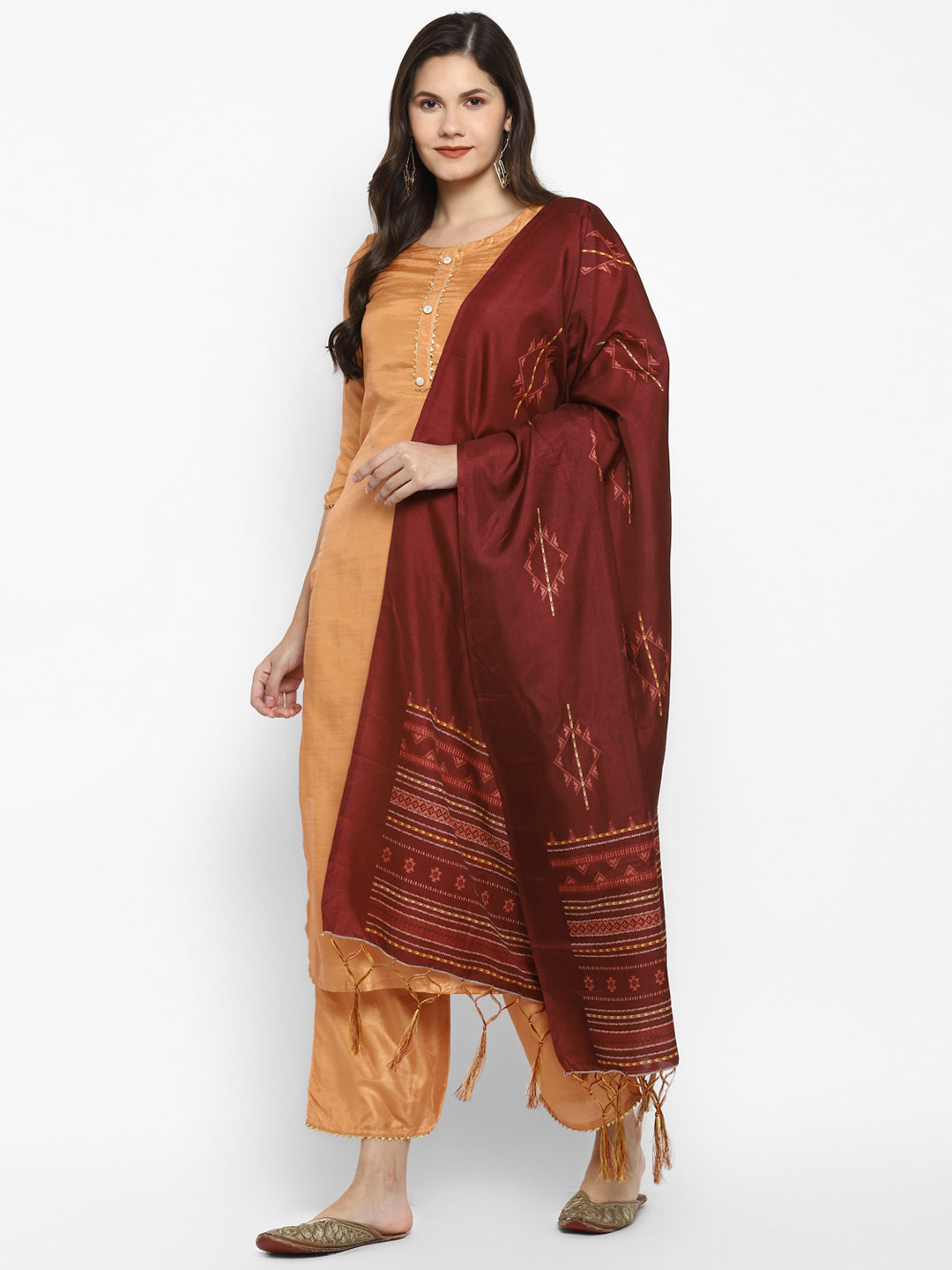 Women's Orange Color Silk Blend Straight Kurta Palazzo With Dupatta