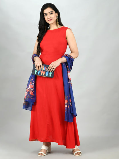 Women's Red Cotton Solid Sleeveless Round Neck Casual Kurta Dupatta Set