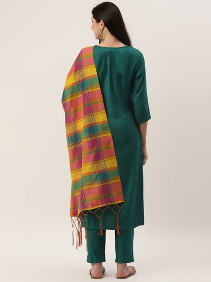 Women's Green Rayon Blend Embroidered Straight Kurta Trouser Set With Dupatta