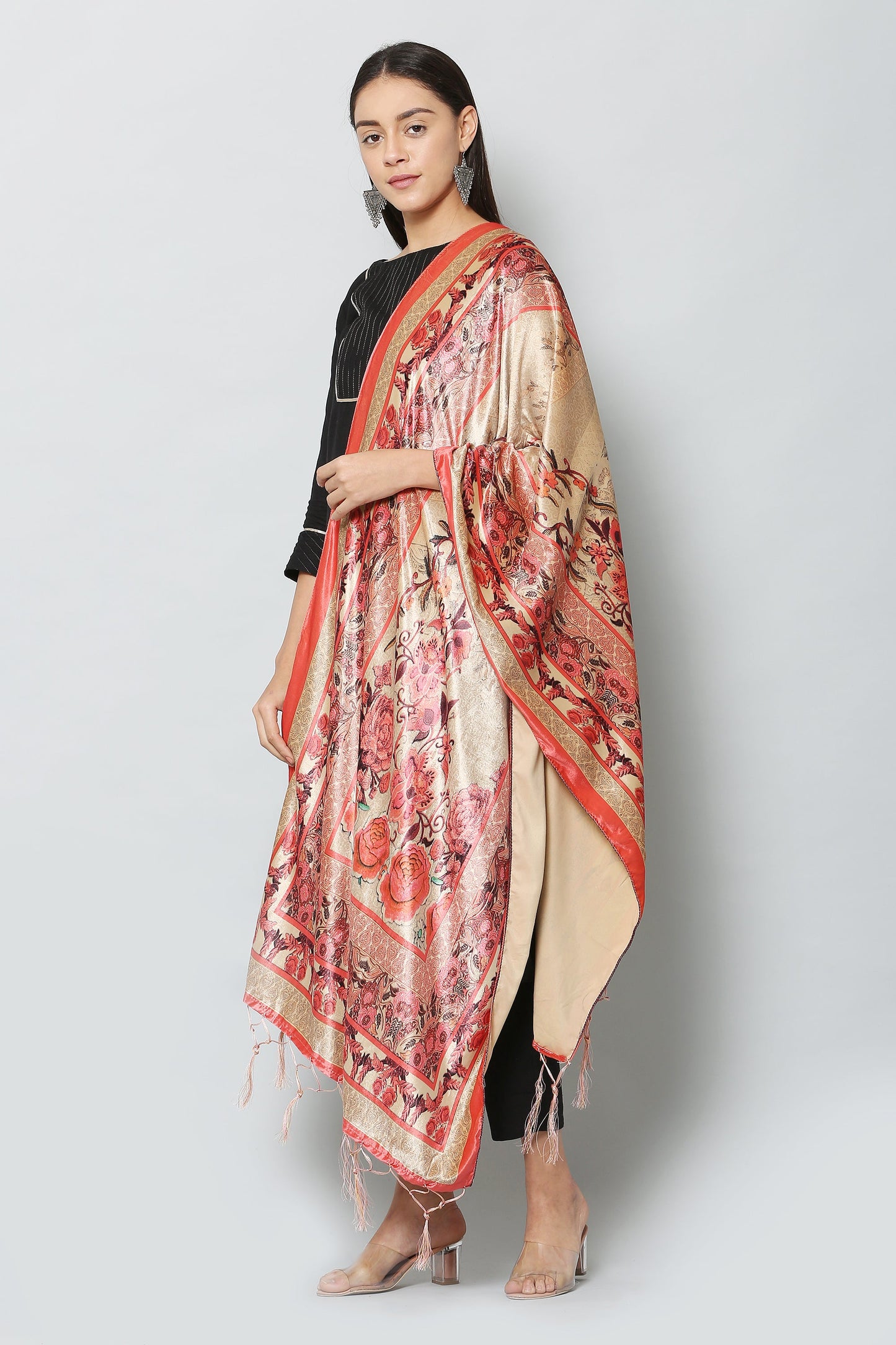 Women's Red & Beige Color Polyster Velvet  Digital Printed Dupatta