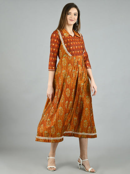 Women's Brown Silk Printed 3/4 Sleeve Shirt Coller Casual Dress