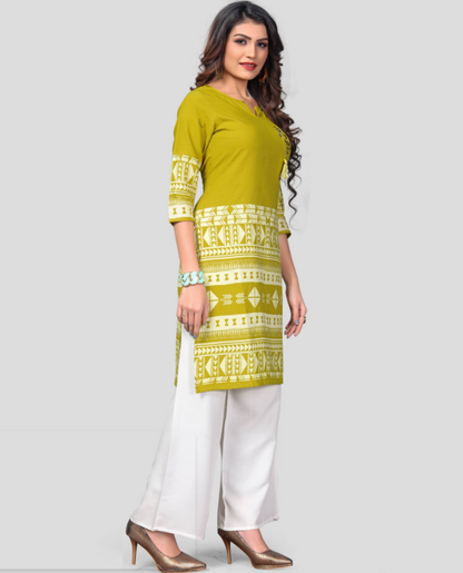 Women's Mehendi Green Color Cotton Straight Kurta  (1Pc)