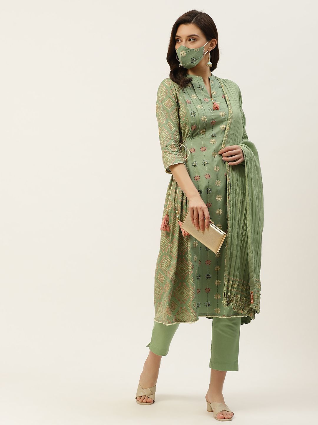 Women's Cotton Flex Printed A-Line Kurta Pant Dupatta Set