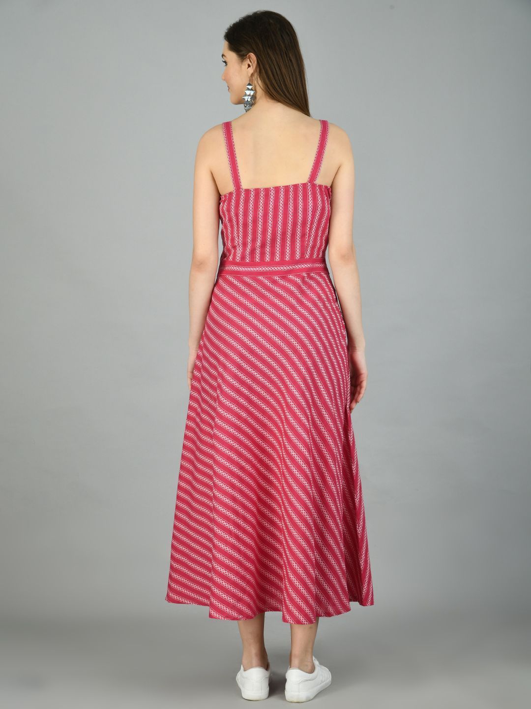 Women's Pink Cotton Printed Sleeveless Off Shoulder Casual Dress