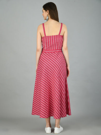 Women's Pink Cotton Printed Sleeveless Off Shoulder Casual Dress