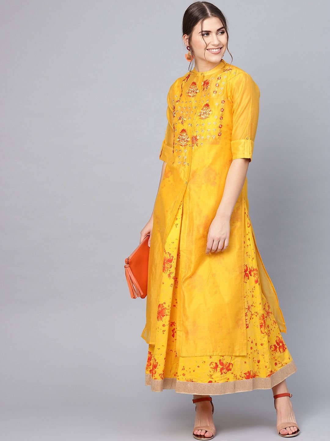 Women's Mustard Chanderi Embroidered 2 Piece Kurta Dress