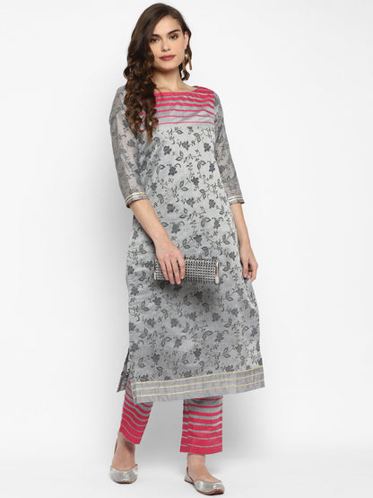 Women's Grey Color Chanderi Silk Straight Printed Kurta Pant Set