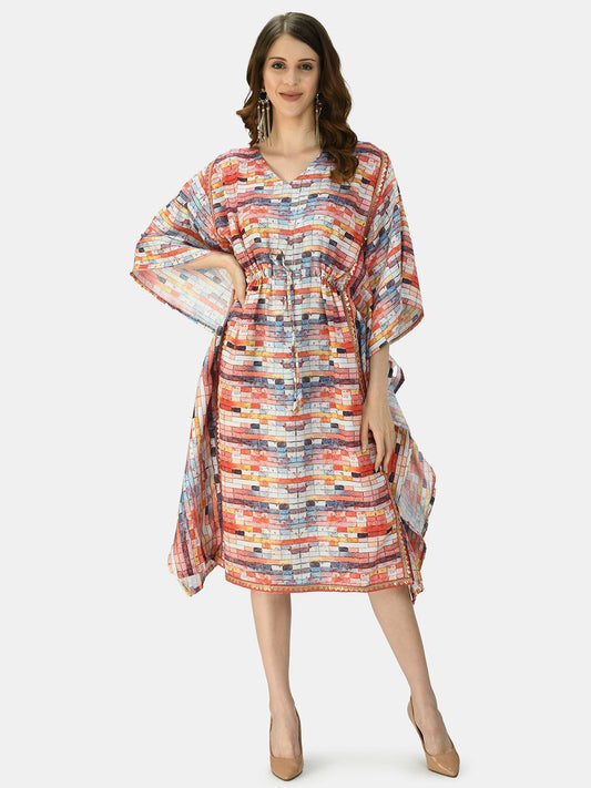 Women's Orange Multicolor Silk Blend Printed Half Sleeve V Neck Casual Kaftaan