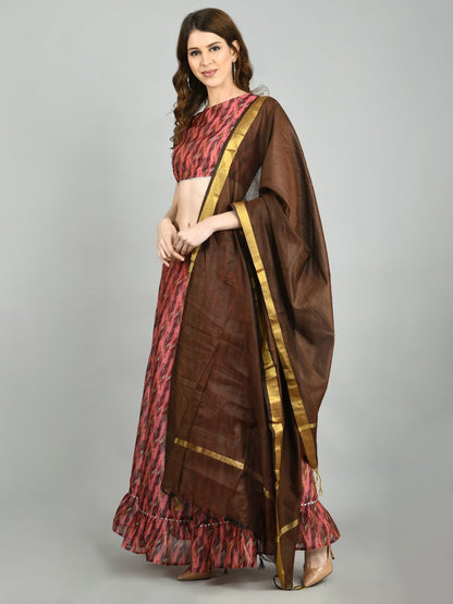 Pink Chanderi Printed Sleeveless Round Neck Casual Blouse Lehenga Dupatta Set