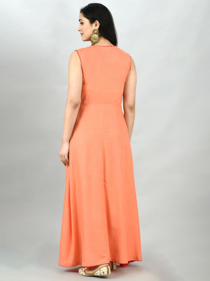 Women's Peach Cotton Solid Sleeveless Round Neck Casual Kurta Dupatta Set