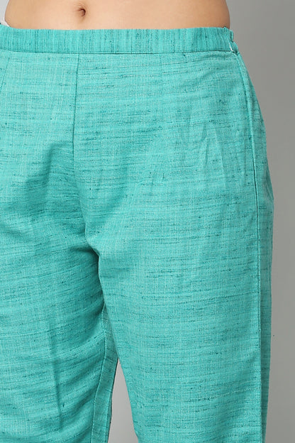 Women's Turquoise Color Cotton Blend Solid Kurta Pant Set With Dupatta