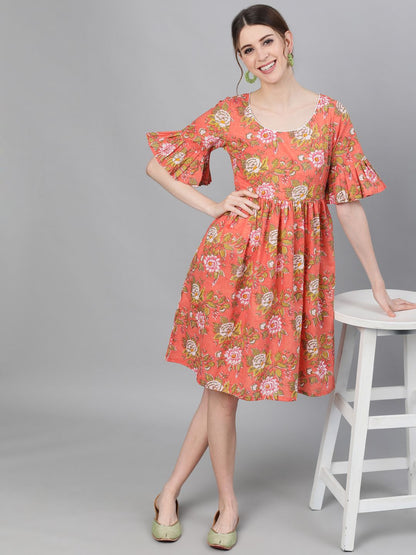 Women's Floral Printed Dress With Ruffle Sleeves