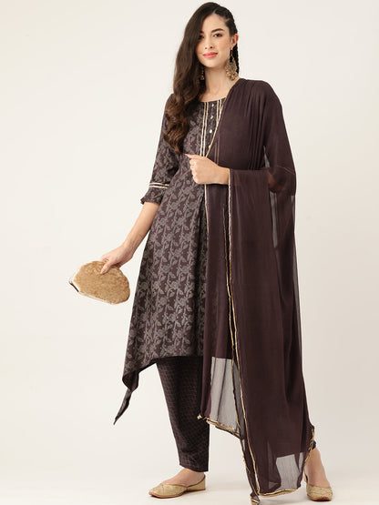 Women's Wine Color Rayon Blend Printed Kurta Dhoti Pant With Dupatta