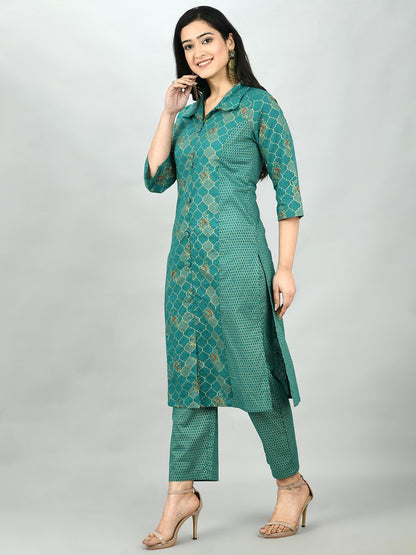 Women's Green Cotton Printed 3/4 Sleeve Shirt Coller Casual Kurta Pant Set