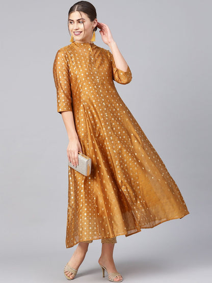 Women's Mustard Chanderi Printed Layered Kurta