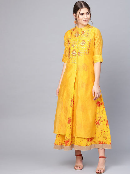 Women's Mustard Chanderi Embroidered 2 Piece Kurta Dress