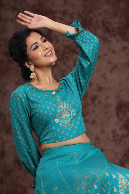 Women's Teal Rayon Printed Lehenga Choli Set