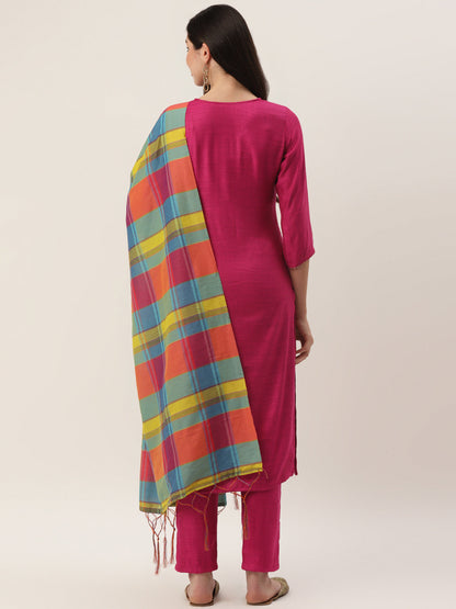 Women's Rani Rayon Blend Embroidered Straight Kurta Trouser Set With Dupatta