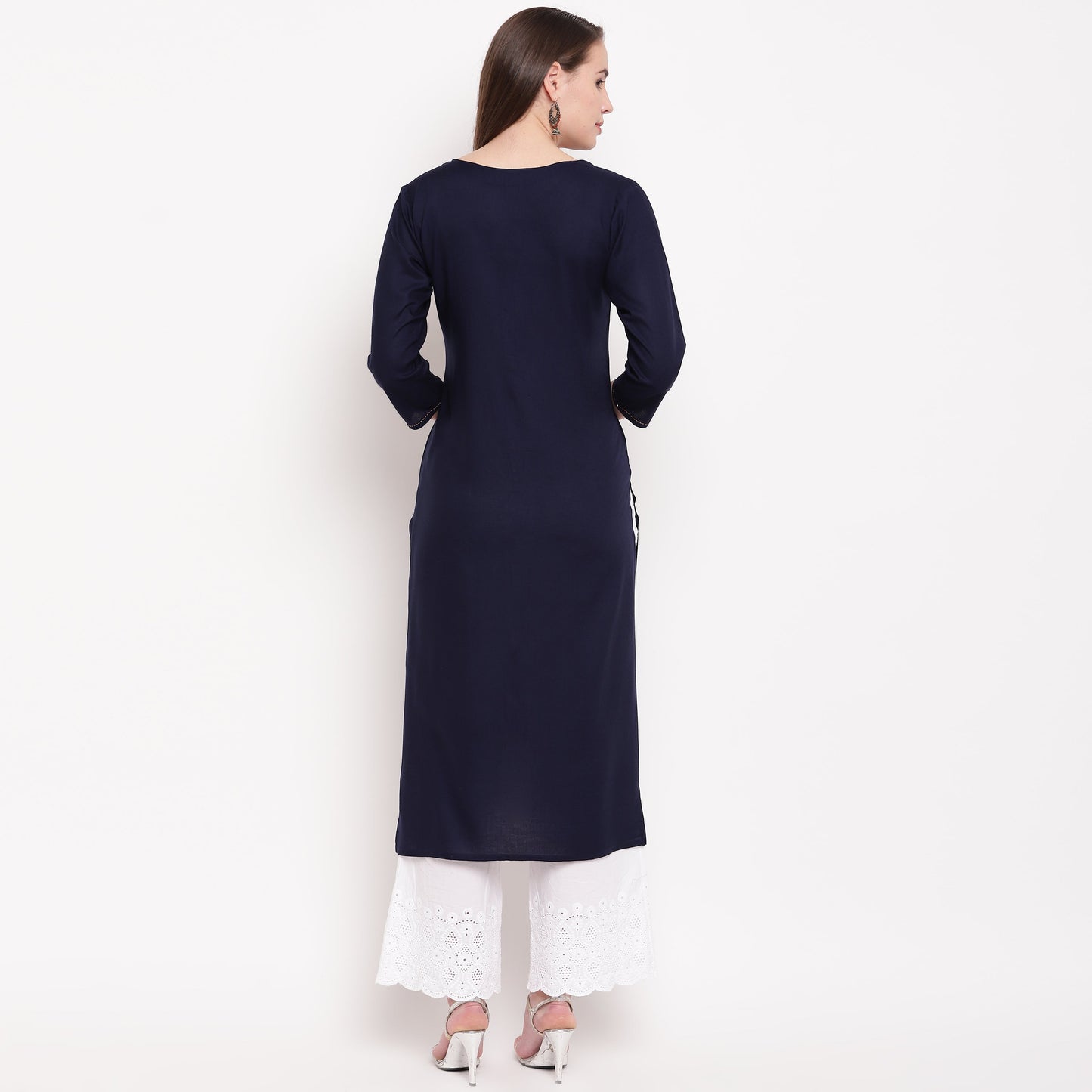 Women's Embroidered/Solid Straight Rayon Blue Kurta (1Pc)
