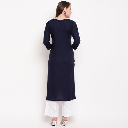 Women's Embroidered/Solid Straight Rayon Blue Kurta (1Pc)