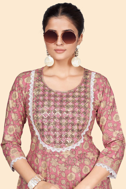 Women's Print & Embroidered A-Line Cotton Pink Stitched Kurta