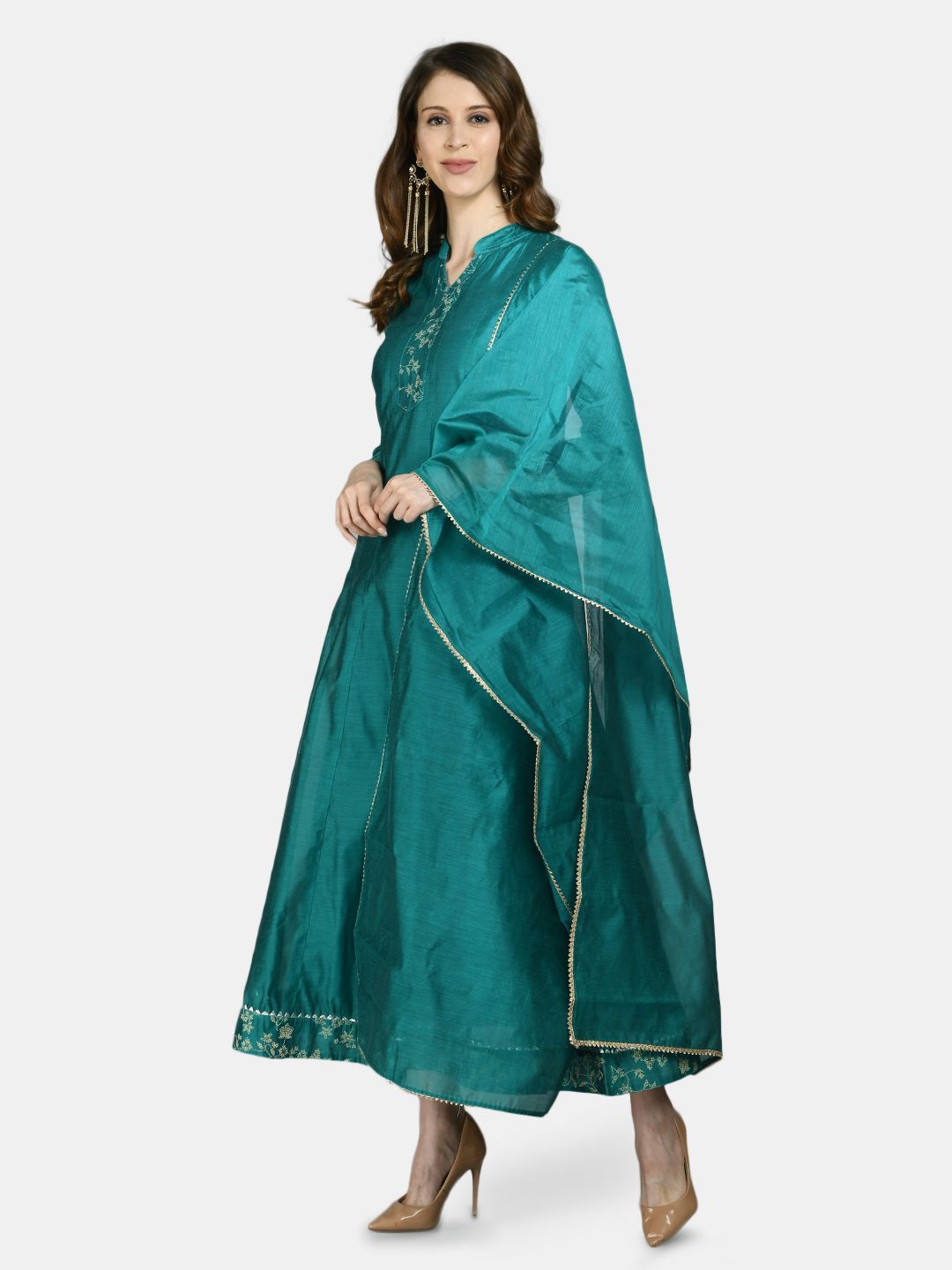 Women's Green Chanderi Silk Solid 3/4 Sleeve Mandarin Neck Casual Anarkali Kurta Dupatta Set