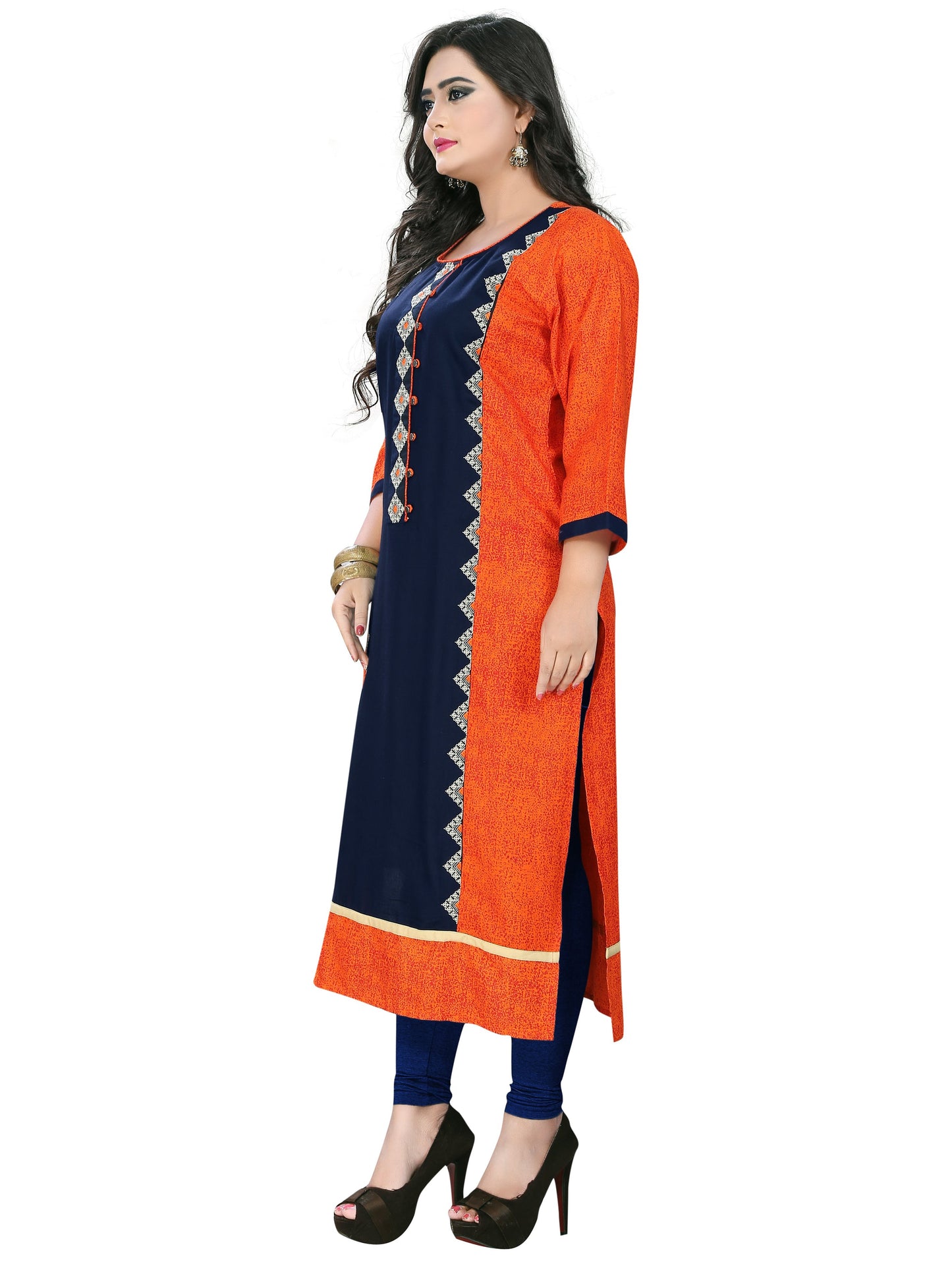 Women's Orange & Blue Rayon Kurta By Vby