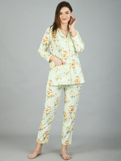 Women's Light Green Cotton Printed Full Sleeve Shirt Collar Casual Shirt Pyjama Set
