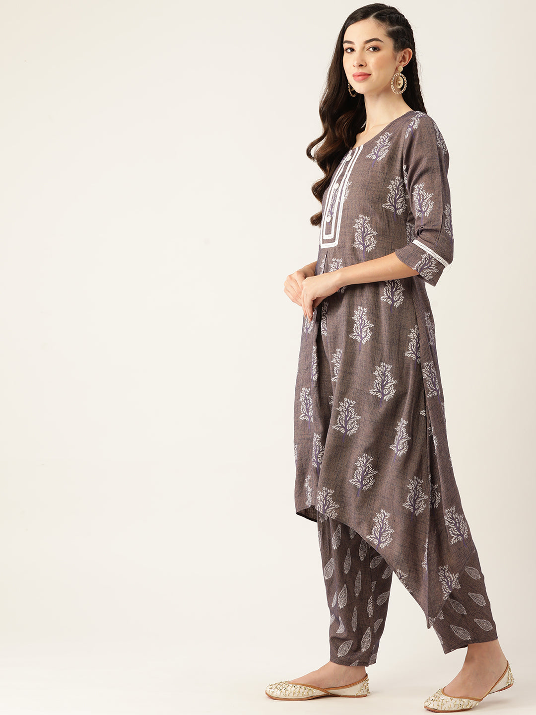 Women's Purpal Color Rayon Blend Printed Kurta Dhoti Pant With Dupatta