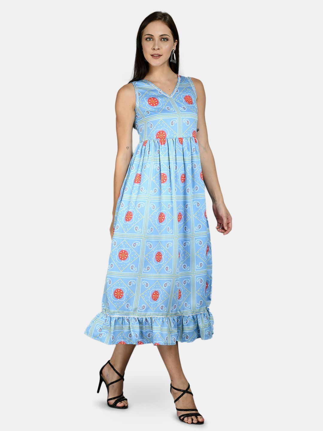 Women Sky Blue Printed Cotton Dress by Myshka (