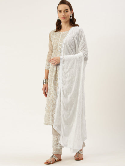 Women's Chiku Color Chanderi Silk Straight Embroidered Kurta Pant With Dupatta