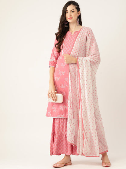 Women's Pink Color Rayon Blend Printed Straight Kurta Sharara With Dupatta
