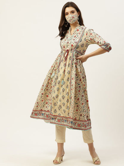 Women's Floral Printed Panelled Kurta With Mask