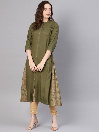 Buy_Women's_Olive_Rayon_Printed_A-Line_Kurta_Online_Trendia