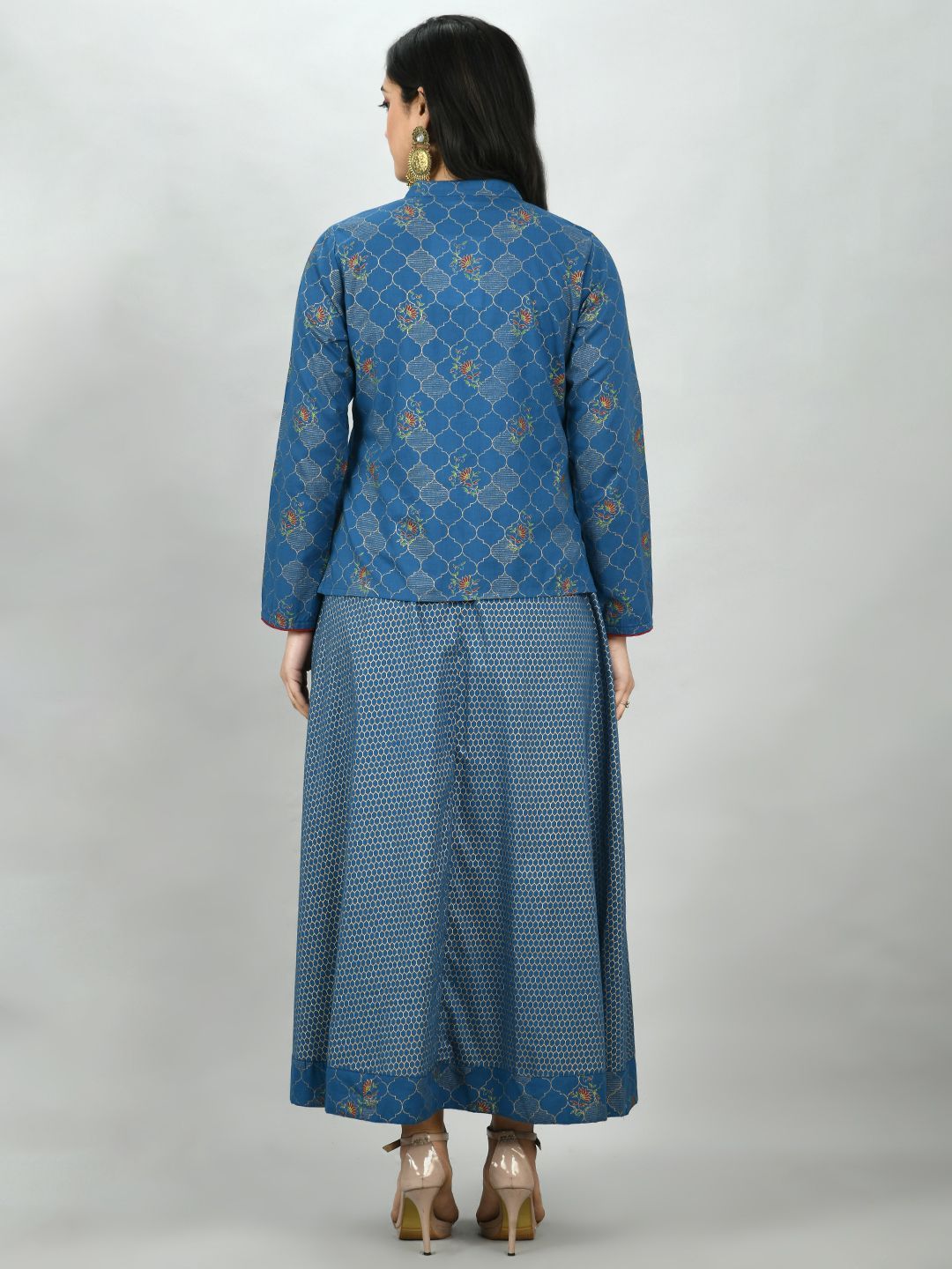 Women's Blue Cotton Printed Full Sleeve Mandarin Neck Casual Kurta Jacket Set