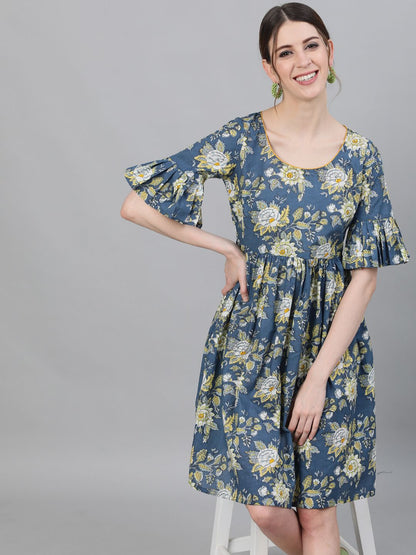 Women's Floral Printed Dress With Ruffle Sleeves
