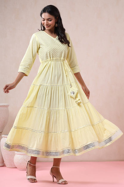 Women's Yellow Cotton Blend Embellished Dress