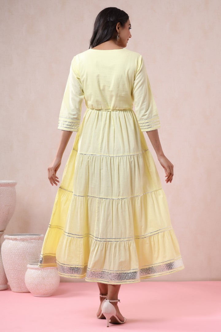 Women's Yellow Cotton Blend Embellished Dress
