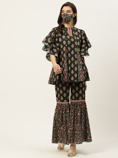 Women's Floral Print Tunic Sharara Set With Mask