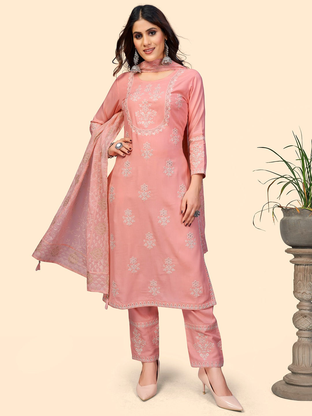 Women's Embroidered Straight Rayon Light Pink Stitched Kurta Pant With Dupatta