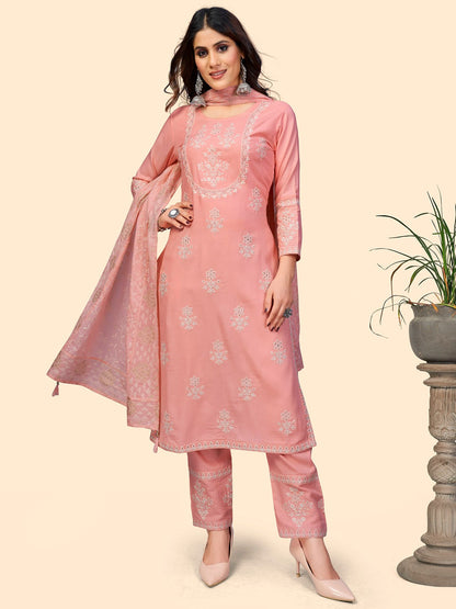 Women's Embroidered Straight Rayon Light Pink Stitched Kurta Pant With Dupatta