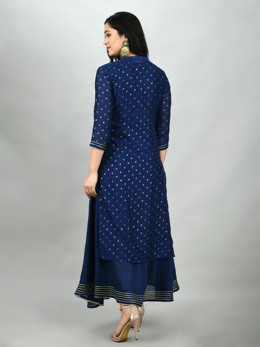 Women's Navy Blue Georgette Printed 3/4 Sleeve Mandarin Neck Casual Kurta Cammy Set