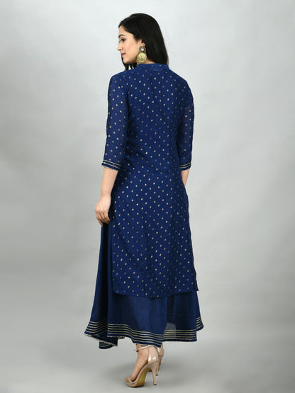 Women's Navy Blue Georgette Printed 3/4 Sleeve Mandarin Neck Casual Kurta Cammy Set
