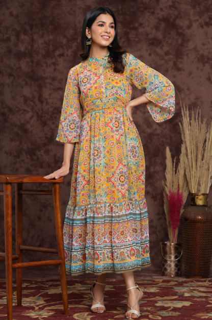 Women's Mustard Chiffon Printed Tiered Dress
