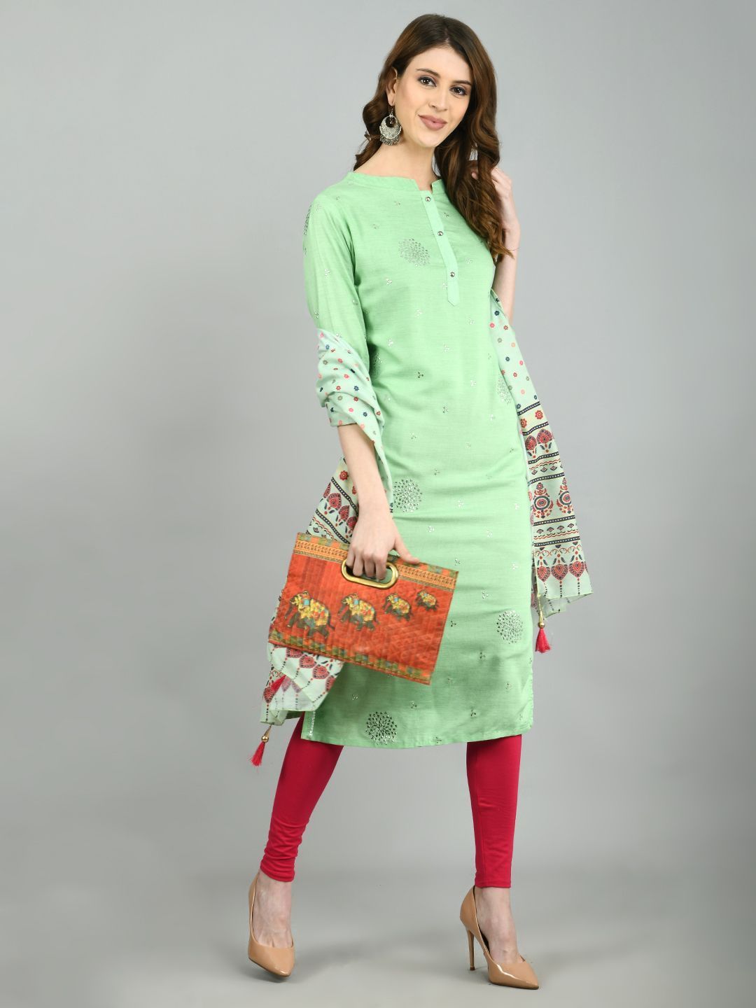 Women's Green Cotton Printed 3/4 Sleeve Mandarin Neck Casual Kurta Dupatta Set