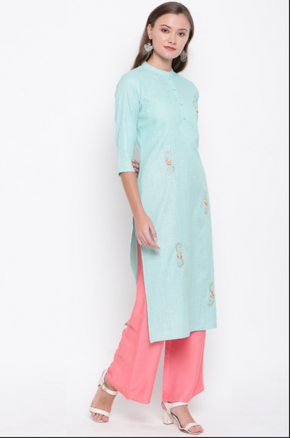 Women's Embroidered/Solid Straight Cotton Sky Blue Kurta (1Pc)