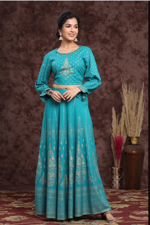 Women's Teal Rayon Printed Lehenga Choli Set