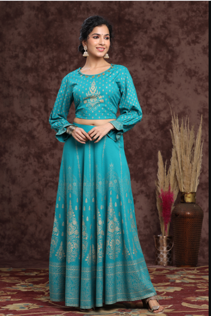 Women's Teal Rayon Printed Lehenga Choli Set